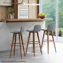 Kit 2 Banquetas Altas Luxo Versatil Aço Cobre Linho Cinza Base Carvalho - 2