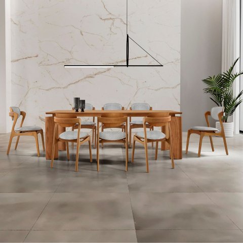 Sala de Jantar Mesa Nala 220cm Tampo Laminado Canto Moeda com 8 Cadeiras Solaris Soft