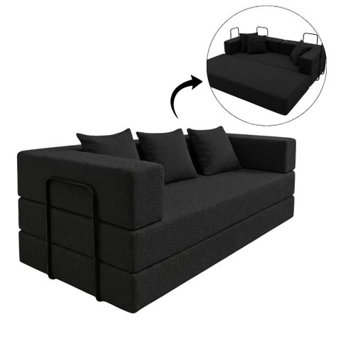 Sofá Loft na Caixa a Vácuo Moderno 3 Lugares 190cm Compacto Bouclê Preto - Vimont Moveis