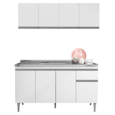 Balcão de Pia Tatiane 145 Cm e Armário Aéreo Andréia 4 Portas 150 Cm Branco Brilho - Ajl