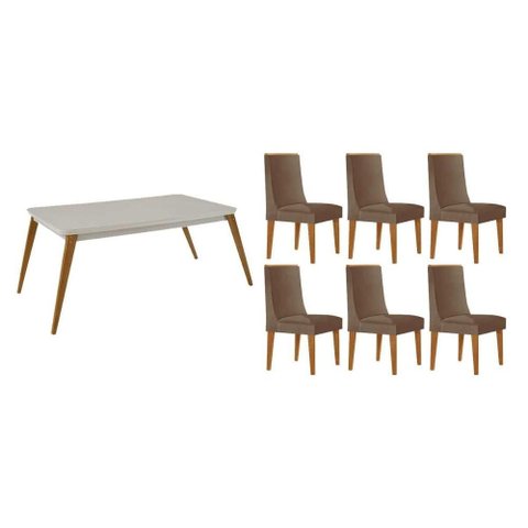 Sala de Jantar Completa Havana C/ Tampo Madeirado C/ Vidro Canto Curvo 180x90cm e 6 Cadeiras Dakota