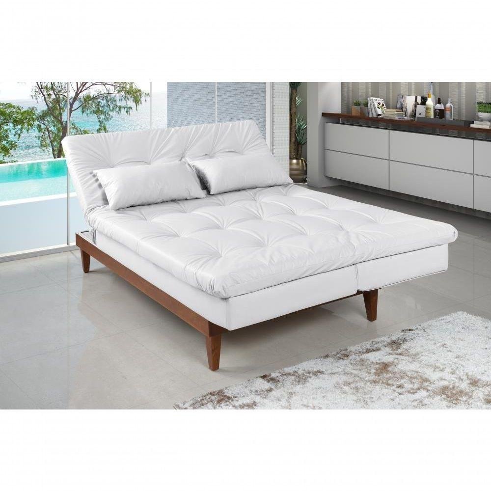 Sofá Cama Versátil 3 Lugares Império Reclinável Pés Madeira Espuma D33 Corano Branco 036