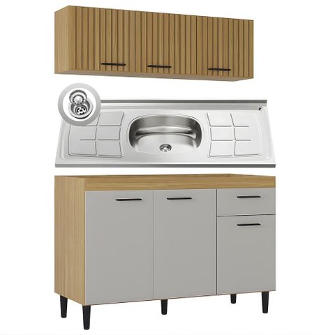 Armário e Balcão com Pia 120cm Classic Ripado Damasco/Off Z46 - Mpozenato
