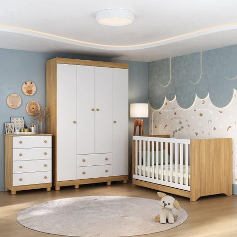 Quarto de Bebê Completo com Berço Americano 3 em 1 Allegra Multimóveis Mp4586 Madeirado/branco