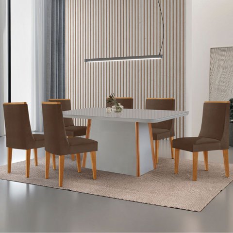 Mesa de Jantar Diane 180cm Tampo Mdf Vidro com 6 Cadeiras Lisboa Moderna Mobília