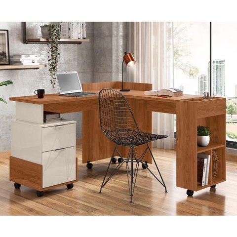 Mesa de Computador em L Alessa - Lukaliam Móveis - Tampo Mdf 25mm Jequitiba/off White