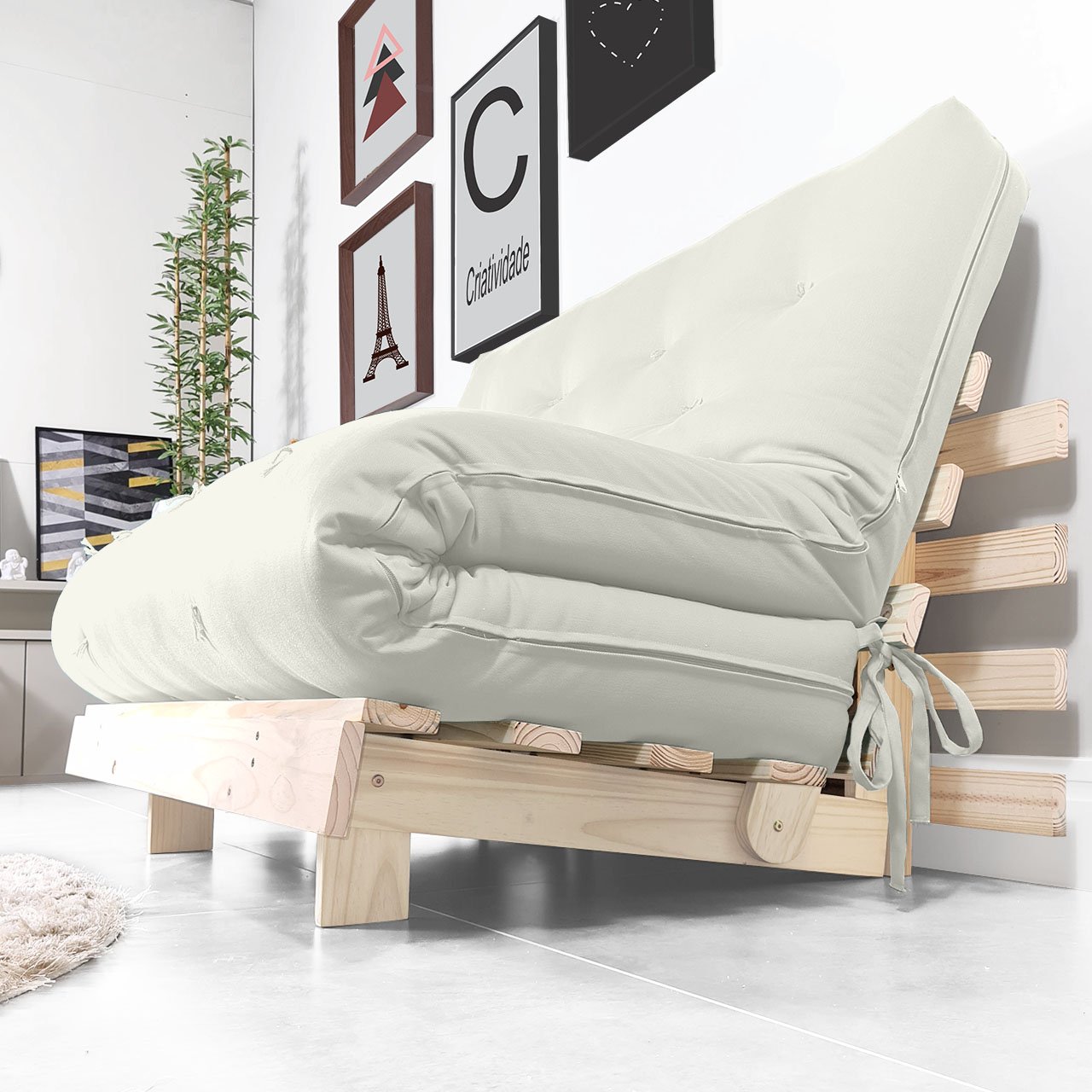 Futon Casal Tokio Sofa Cama Branco Off Acquablock Com Madeira Maciça - 6