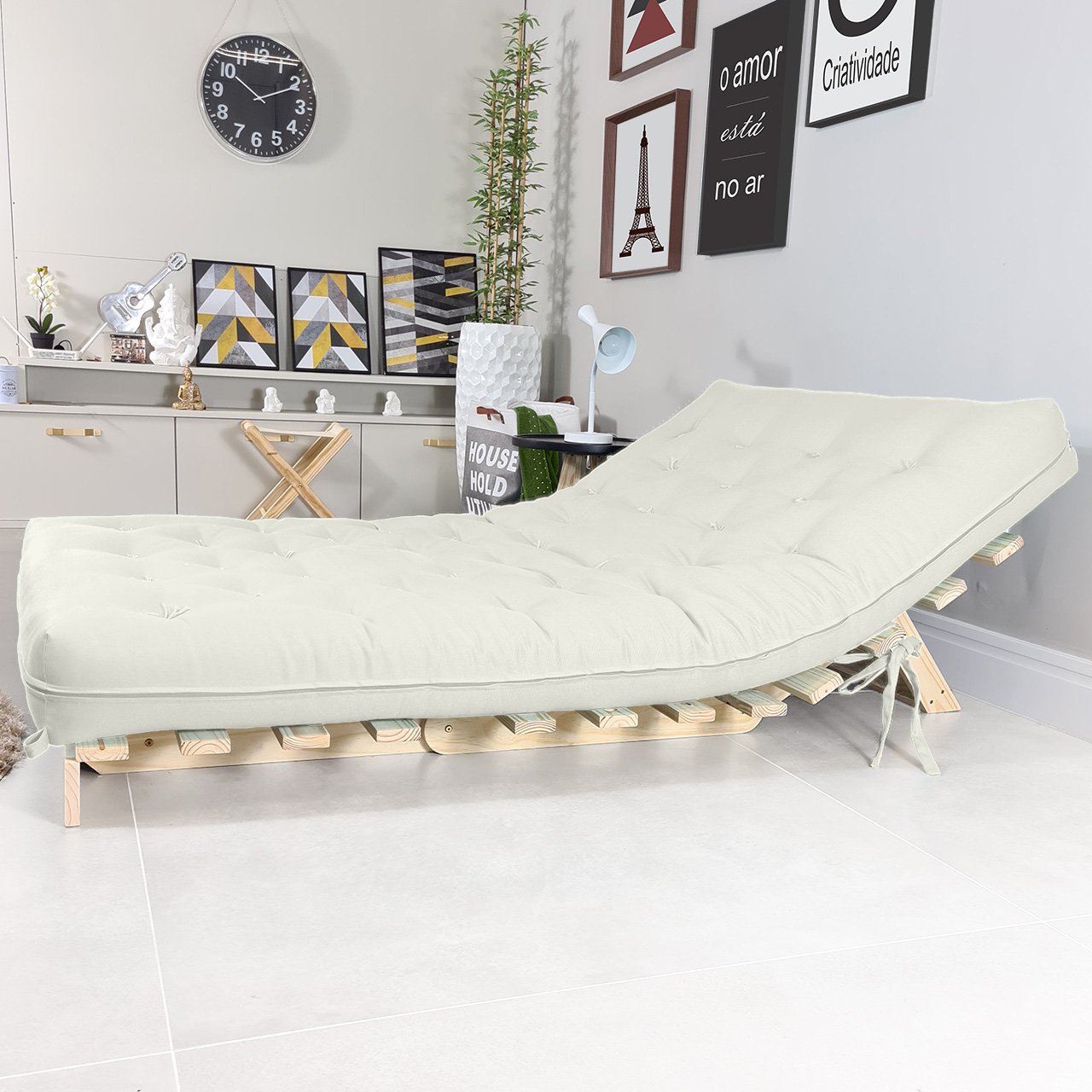 Futon Casal Tokio Sofa Cama Branco Off Acquablock Com Madeira Maciça - 4