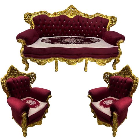 Jogo de Sofá Clássico com Par de Poltronas Marsala com Dourado 124x192x74 e 117x94x74cm