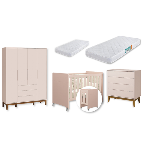 Quarto de Bebê Berço Evolution + Guarda Roupa 4P + Cômoda 4g Elfe Rosa 02 Colcões