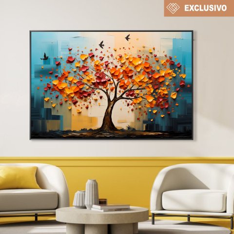 Quadro Decorativo Árvore com Pássaros Folhas e Flores Coloridas Sala Quarto Casa Escritório