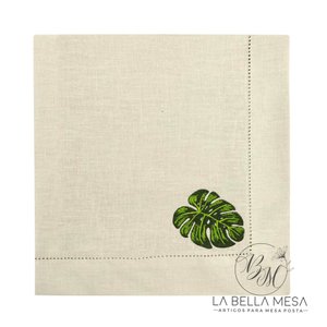 Guardanapo Linho Bege Ponto Ajour Bordado Costela de Adão Tropical 50x50 cm