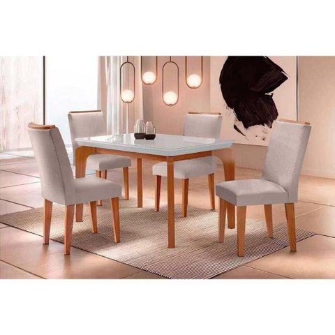 Sala de Jantar Completa Londrina C/ Tampo Madeirado C/ Vidro 120x80cm e 4 Cadeiras Lunara Capuccino/
