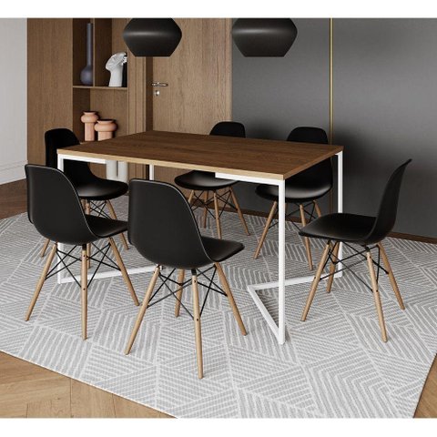 Mesa Jantar Industrial Retangular Amêndoa 137X90Cm Base V Ferro Branco C/6 Cadeiras Preta Ma