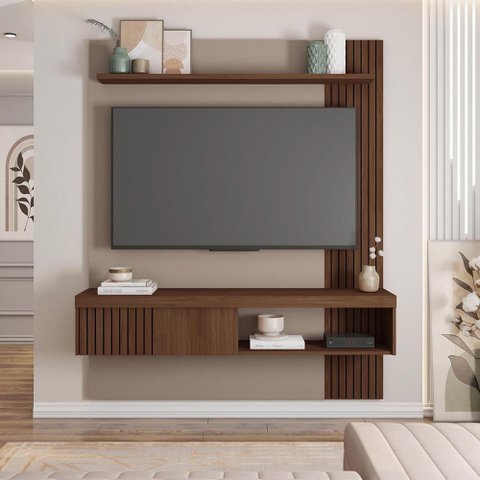 Painel Tv 55 Pol 150cm Bancada Suspensa Ripado Luana Fendi/havana C01 - D’Rossi