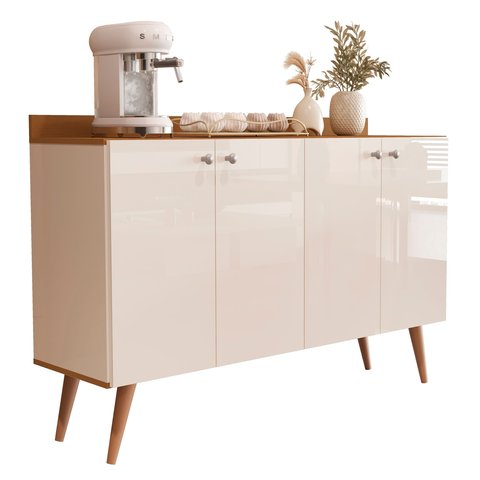 Aparador Buffet Off White Brilhoso com 4 Portas Retrô Pés Palito