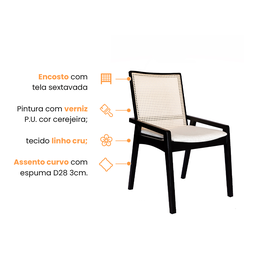 Cadeira Venezia de Jantar com Tela Palha Sextavada em Madeira Maciça Preta com Design Moderno - 3