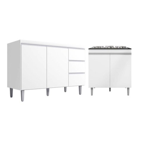 Kit Balcão Gabinete para Pia Andreia 100cm e Balcão Cooktop 4 ou 5 Bocas Branco