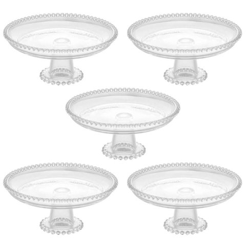 Kit 5 Boleiras de Cristal Wolff Pearl 20x9cm Prato com Pedestal Bolo Pudim Hotel Restaurante