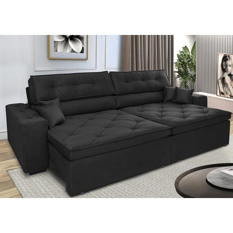 Sofá Retrátil e Reclinável 2.12M com Molas Cama Inbox Estilo Suede Velusoft Preto