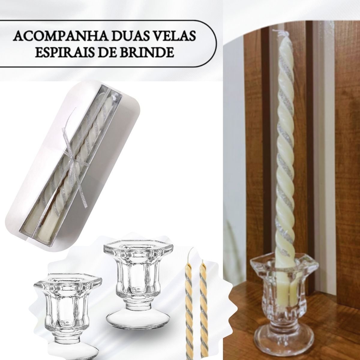 Castiçal de Vidro com Vela Espiral Decoração Enfeite 2 Unidades - 3