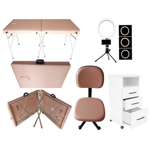 Móveis Estética Maca Portátil Mocho Armário e Luminária Ring Light Fiscomed Kit Maca Maleta Portátil
