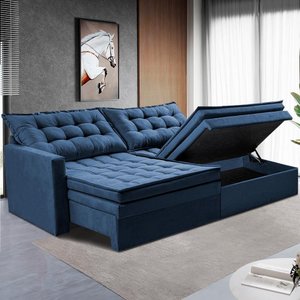 Sofá sem Caixa Retrátil Baú 1,60m Cama Inbox Secret Suede Velusoft Azul
