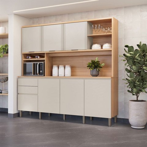 Cozinha Compacta Austin 7 Portas 2 Gavetas 100% Mdf Jequitiba/gris Fosco - Linea Brasil