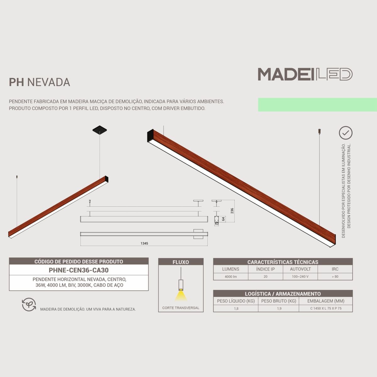 Pendente Horizontal Led Nevada 36w 4000lm Bivolt em Madeira Maciça - Madeiled - 6