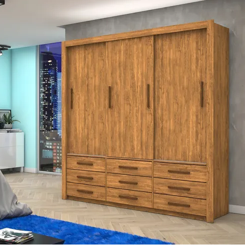 Guarda Roupa Casal 3 Portas de Correr 9 Gavetas 208cm Anjos Cinamomo - Carioca Móveis