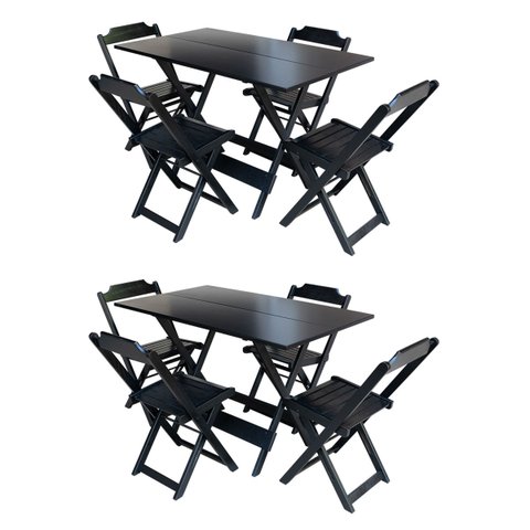 Kit 2 Jogos de Mesa com 4 Cadeiras de Madeira Dobrável 120x70 para Bar e Restaurante - Preto