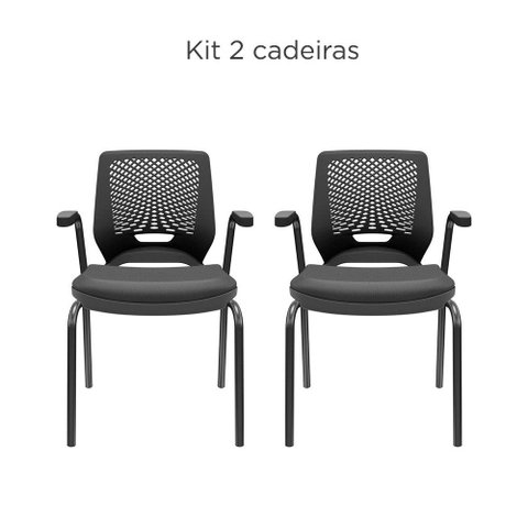 KIT 02 Cadeiras de Escritório Fixa Aproximação 4 pés com Braço Beezi Encosto Preto Assento Material