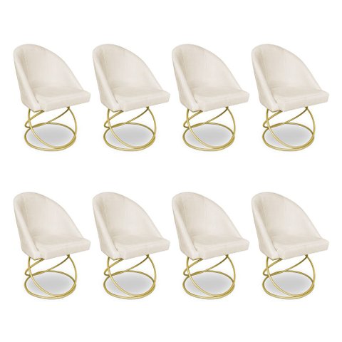Kit 08 Cadeiras Poltrona de Jantar Bela Suede Bege Base Metálica Luxo Dourado - Pallazio