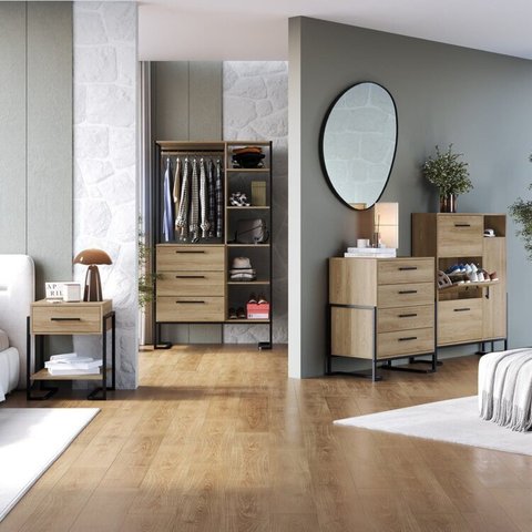 Conjunto Quarto Industrial com Closet, Cômoda Sapateira e Mesa de Cabeceira Marrom/Preto/Oak
