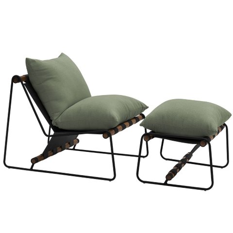 Kit Poltrona com Puff Turim Base Aço Preto Recouro Black Poliéster Verde - Nexta Casa