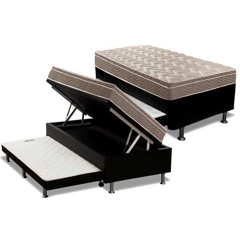 Cama Box Baú C/auxiliar Solteiro: Colchão Ortopédico D33 Ultra Firme Euro Pillow+base Black(
