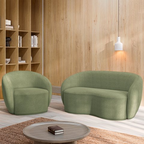 Conjunto 1 Sofá Living 160cm e 1 Poltrona Decorativa Sala de Estar Íbis Encosto Fixo Bouclê Verde G3