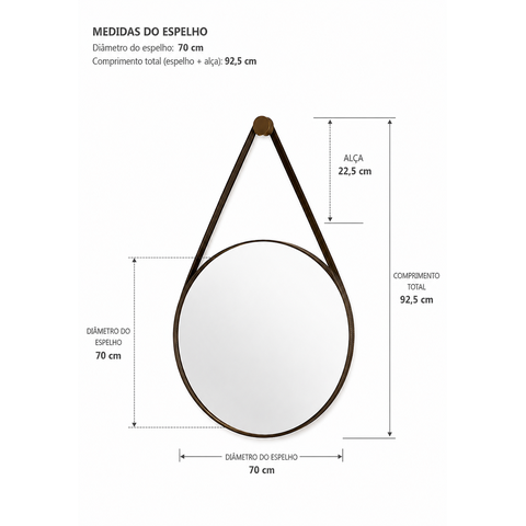 Espelho Redondo Adnet 70cm Moldura e Alça Couro Café + Suporte