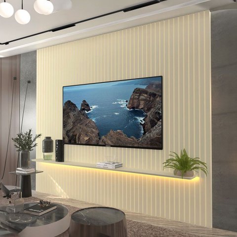 Painel para TV até 85 Polegadas Sole 1 Prateleira Ripado 100% MDF Off White - Pnr Móveis