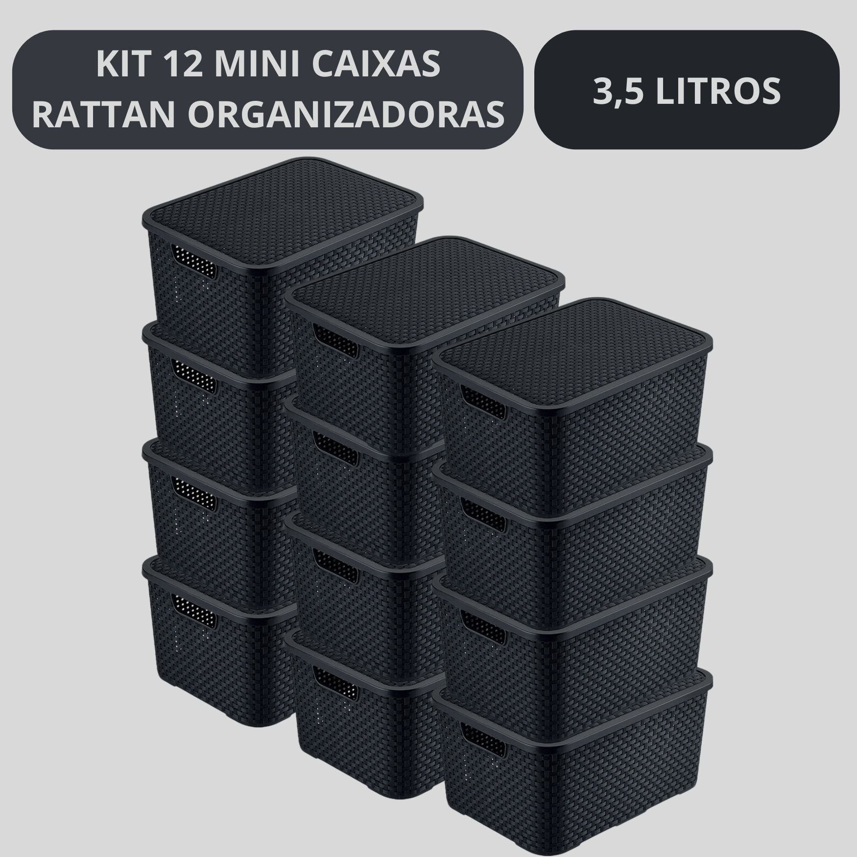 Kit 12 Caixas Organizadoras Multiuso Rattan 3,5 L com Tampa - 2