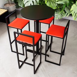 Conjunto Mesa Redonda Alta Preta 4 Cadeiras Pequena Estofado Industrial Black Don Castro Vermelho - 1