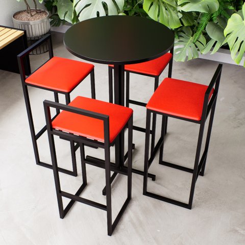 Conjunto Mesa Redonda Alta Preta 4 Cadeiras Pequena Estofado Industrial Black Don Castro Vermelho