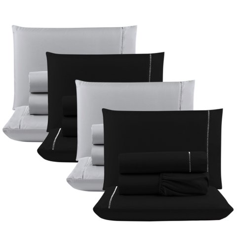 Kit c/ 4 Jogos Cama Lençol Unique Casal Padrão Micro Percal 400 Fios Ponto Palito 4 Peças - Preto + 