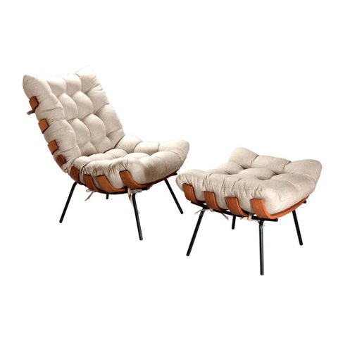 Poltrona Costela com Puff Cor:Linho Bege 140