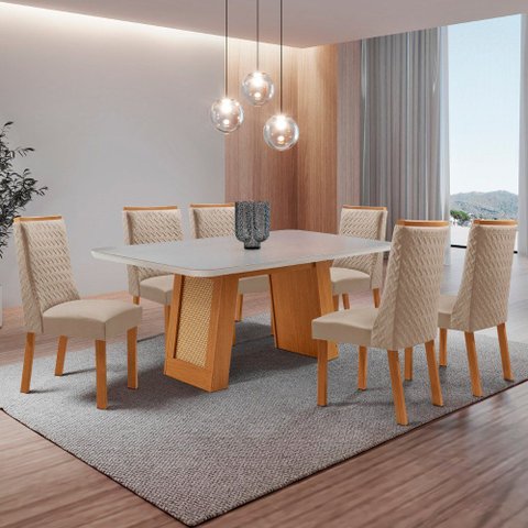 Mesa de Jantar Carolina 180cm Tampo MDF Vidro Canto Copo com 6 Cadeiras Carolina