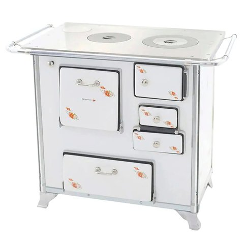 Fogão a Lenha Tradicional 02 Venâncio Gabinete Branco Florido Lado Esquerdo FL2GCX-28975