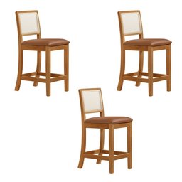 Kit 3 Banquetas Altas de Telinha Assento Estofado Couro Pu Caramelo Rubi Madeira Maciça Mel - 2