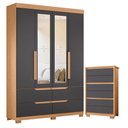 Ver imagem 1 de Guarda Roupa Solteiro Doble 04 Portas com Espelho e Cômoda Unno Freijo Titanium - Móveis Albatroz