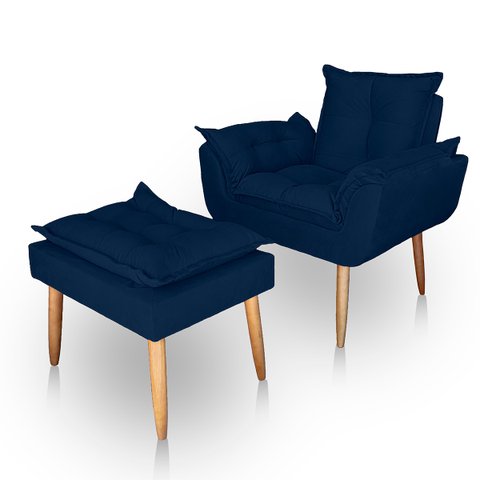 Kit Poltrona Decorativa e Puff Paola Pes Palito Suede Azul Marinho