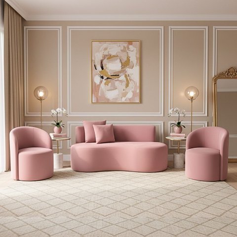 Conjunto Decorativo 02 Poltronas + Sofá Curvo Orgânico Nature Gaia Veludo Rosa - Montanaris Decor